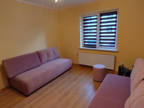 a living room with a purple couch and a window at Apartament Przy Kortach in Bytom