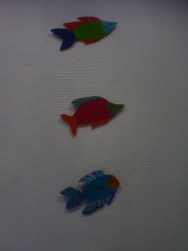three colorful fish sitting on a white surface at Liège centre 13 Quai Godefroid Kurth POUR 2 PERS à 25 min gare Guillemins in Liège