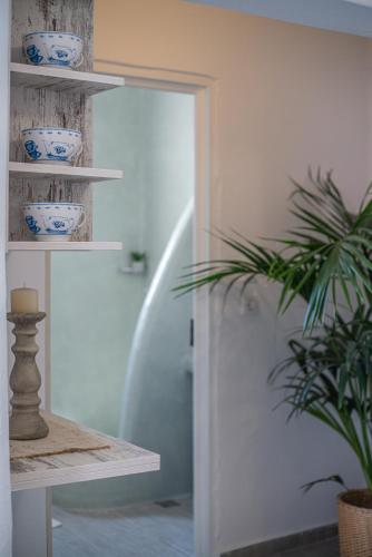 a hallway with a door and a potted plant at Blue Soul Luxury Villa in Éxo Goniá