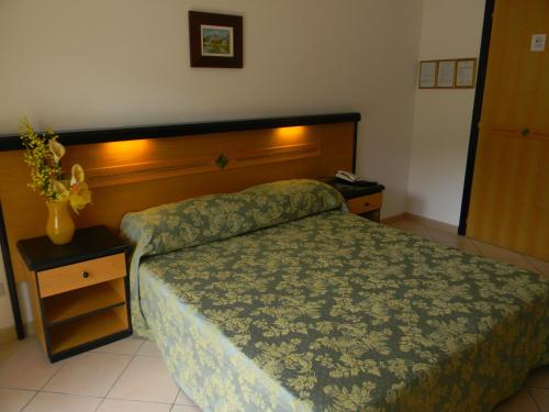 een slaapkamer met een bed en een houten hoofdeinde bij Hotel Le Mimose in Acquappesa