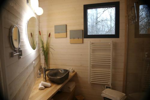 uma casa de banho com um lavatório e um espelho em Les Lodges du golf de la Marterie em Saint-Félix-de-Reillac-et-Mortemart