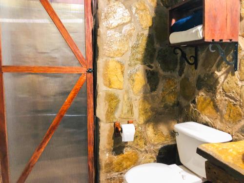 a stone bathroom with a toilet and a toilet paper dispenser at Cabañas Mannan in Tanchachín