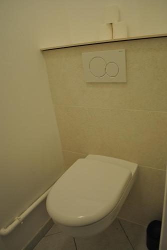 a bathroom with a white toilet in a room at L'HIRONDELLE in Saint-Laurent-de-Mure