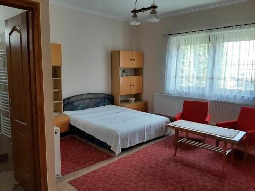 1 Schlafzimmer mit einem Bett, 2 Stühlen und einem Tisch in der Unterkunft Farkas Piroska Vendégház in Bogács