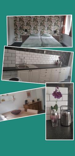 a collage of three pictures of a kitchen with a sink at Haus Stefanie Elvire in Kurort Altenberg