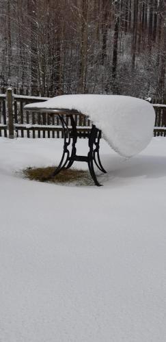 a bench covered in snow next to a fence at Haus Stefanie Elvire in Kurort Altenberg