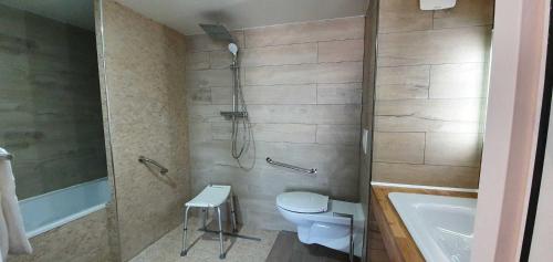 a bathroom with a shower and a toilet and a tub at Hotel du Golf Coignieres in Coignières