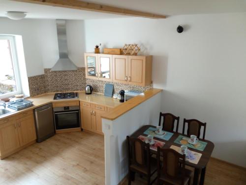a kitchen with a table and a kitchen with a sink at Apartmán Albreit 1 in Jáchymov
