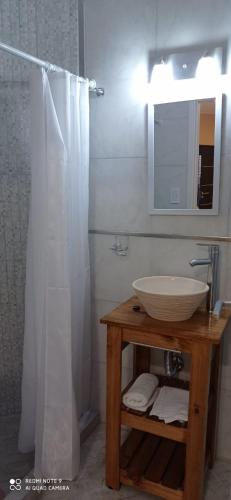 a bathroom with a sink and a shower curtain at Look Departamentos in Carhué