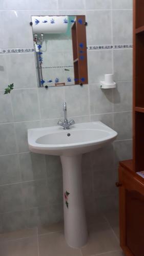 a bathroom with a white sink and a mirror at Le refuge privatif de Julie in Basse-Pointe