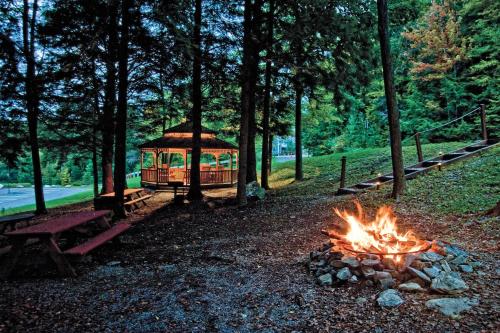 a fire pit in a park with a gazebo at Club Wyndham Bentley Brook in Hancock