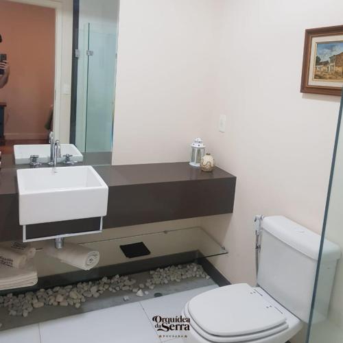 a bathroom with a toilet and a sink and a mirror at Pousada Orquidea da Serra in Petrópolis