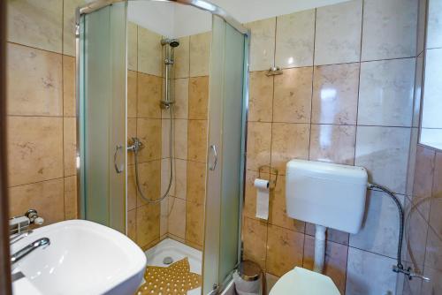 a bathroom with a shower and a toilet and a sink at Resia in Krynica-Wieś