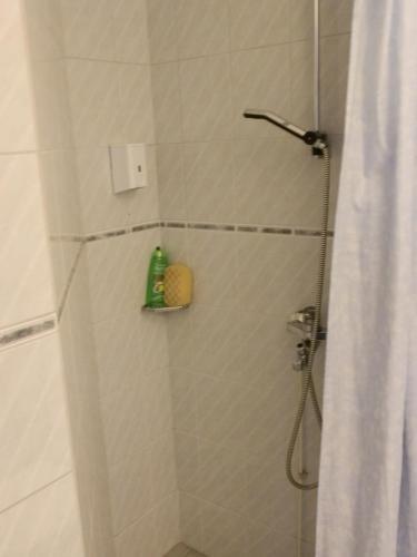 Un baño con ducha con una esponja verde dentro. en Hotel Ackas, en Toijala