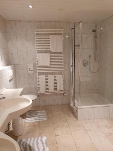 a bathroom with a shower and a sink and a tub at HOTEL WALDHORN in Jungholz