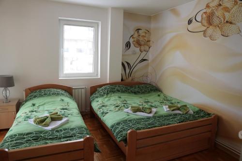 two beds in a room with green sheets at Apartman Rastko in Nova Varoš