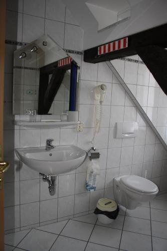 a bathroom with a sink and a toilet at Hotel & Restaurant Aragwi in Salzwedel