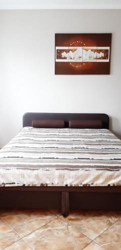 uma cama num quarto com uma fotografia na parede em Flora Apartman em Gyula