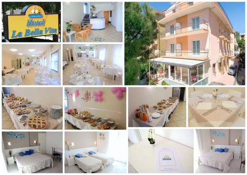 a collage of pictures of a hotel with tables and chairs at Hotel La Bella Vita in Rimini