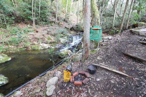 a bird feeder hanging from a tree next to a stream at るり渓 フレアキャビン in Nantan city