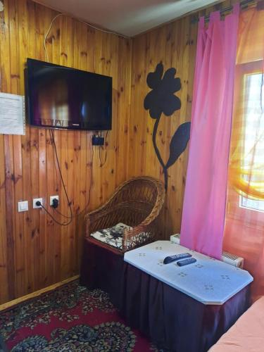 a room with a tv on a wooden wall at Kitech Guest House in Odesa