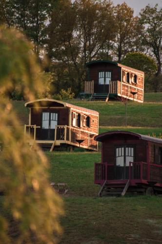 a group oftiny homes sitting in a field at Domaine d'Escapa in Estipouy