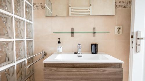 een badkamer met een wastafel en een spiegel bij HuisjehurenEgmond in Egmond aan Zee