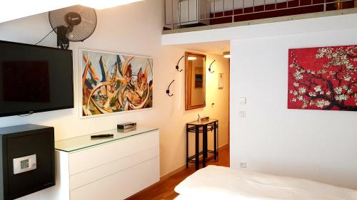 1 dormitorio con 1 cama y TV en la pared en Villa Viktoria 1 en Ingolstadt