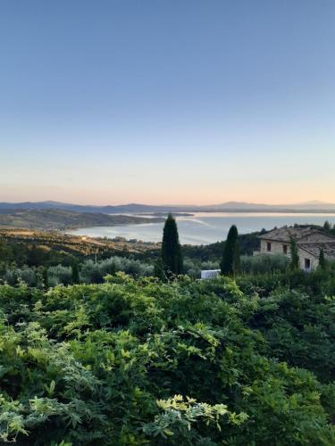 a view from the hill of a farm with a lake in the background at Villa La Moraiola in Passignano sul Trasimeno