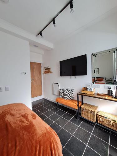 a bedroom with a bed and a tv on the wall at No.8 in Stornoway
