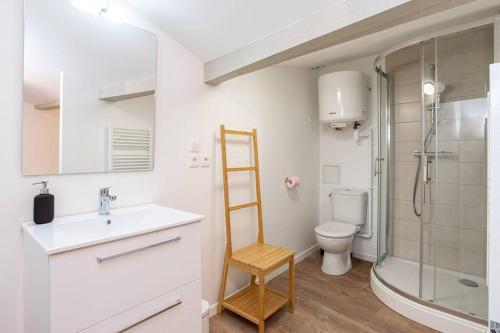 uma casa de banho com um lavatório, um chuveiro e um WC. em LE PATIO - T2 CENTRE HISTORIQUE em Agen