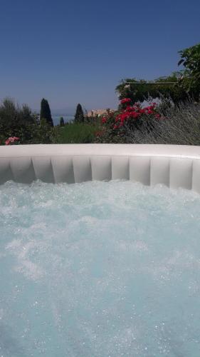a large pool of water with flowers in the background at Villa La Moraiola in Passignano sul Trasimeno