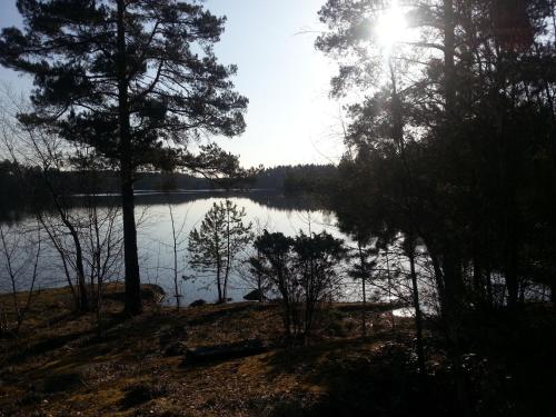 a view of a lake with trees and the sun at Sjöställe Gudö in Vendelsö