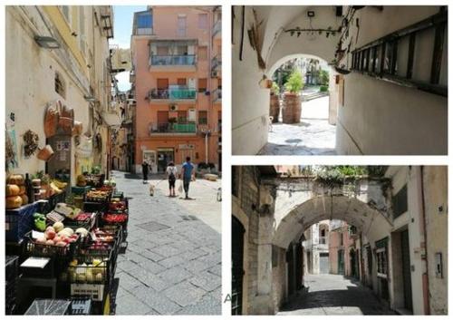 eine Collage von zwei Bildern einer Straße mit einem Markt in der Unterkunft In Vacanza a Gaeta - MariStella in Gaeta