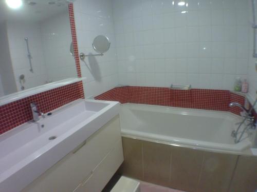 a bathroom with a tub and red tiles at Liège centre 13 Quai Godefroid Kurth POUR 2 PERS à 25 min gare Guillemins in Liège