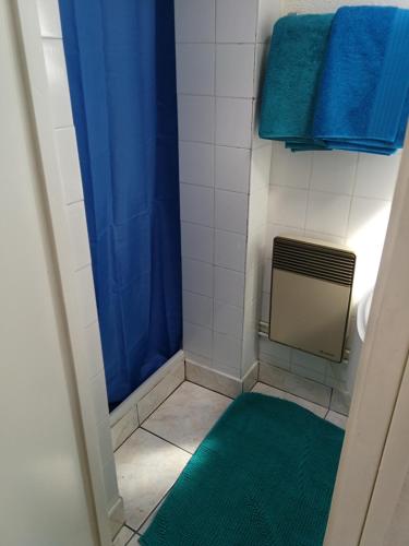 La salle de bains est pourvue d'un rideau de douche bleu et d'un tapis vert. dans l'établissement En mansarde sur le port, à Les Sables-dʼOlonne