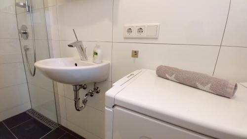 a white bathroom with a sink and a white sink at Am Seewald - Ferienwohnung am Bodensee in Friedrichshafen