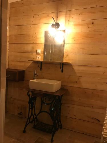 a bathroom with a sink on a wooden wall at Golf Val de Sorne Vernantois Maison vigneronne in Vernantois