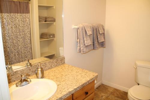 een badkamer met een wastafel en een toilet bij 3 queen beds, 1 twin bed, 2 rooms, 1 and a half bath, self check-in, flexcation equipped in Idaho Falls