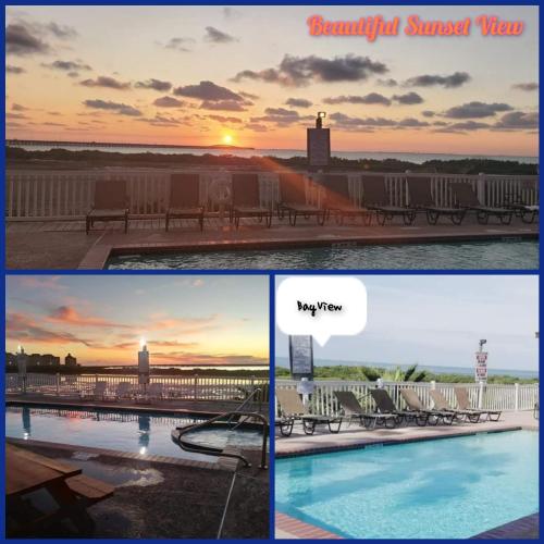 a collage of photos of a resort with a pool and the sunset at Blue Bay Inn and Suites in South Padre Island