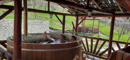 two people in a hot tub in a building at Pensiunea Moldovan in Praid