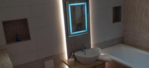 a bathroom with a sink and a bath tub at Pensiunea Moldovan in Praid