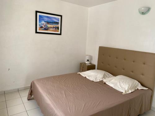ein Schlafzimmer mit einem Bett und einem Bild an der Wand in der Unterkunft Appartement bord de mer in Sainte-Anne
