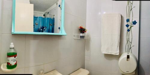 uma casa de banho com um WC e um armário de medicamentos azul em Refugio Llanero Hotel Boutique em Villavicencio