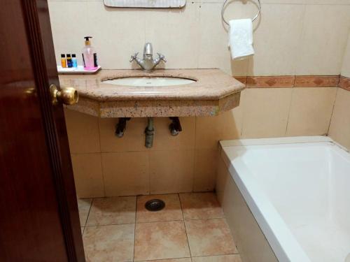 a bathroom with a sink and a bath tub at HOTEL CORPORATE INN in Chandīgarh