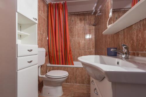 een badkamer met een wastafel, een toilet en een douche bij Haus Petra family app in Medulin