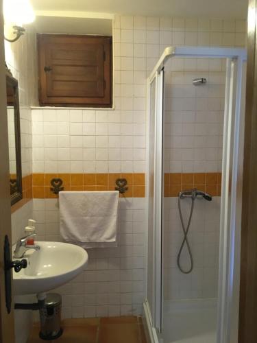 uma casa de banho com um lavatório e um chuveiro em Casa Clemente I em La Hiruela