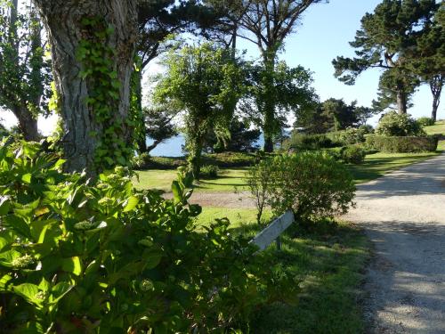 a path through a park with trees and grass at Aire de camping car, caravane, tente emplacement nu avec électricité petit camping in Plestin-les-Grèves