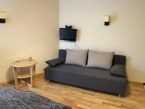 een woonkamer met een bank en een tafel bij Apartament 117 in Krynica Zdrój