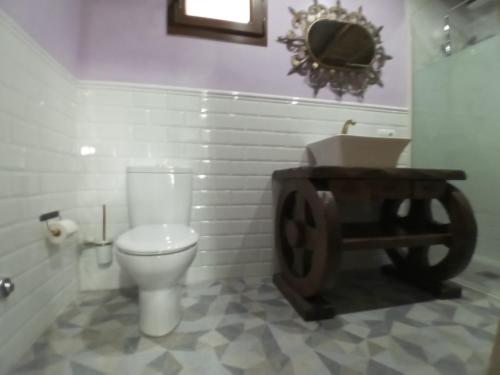 a bathroom with a toilet and a wooden table at Albergue la Medina de Camponaraya in Camponaraya